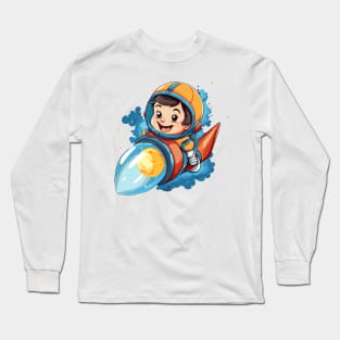 cartoon little boy riding a rocket Long Sleeve T-Shirt